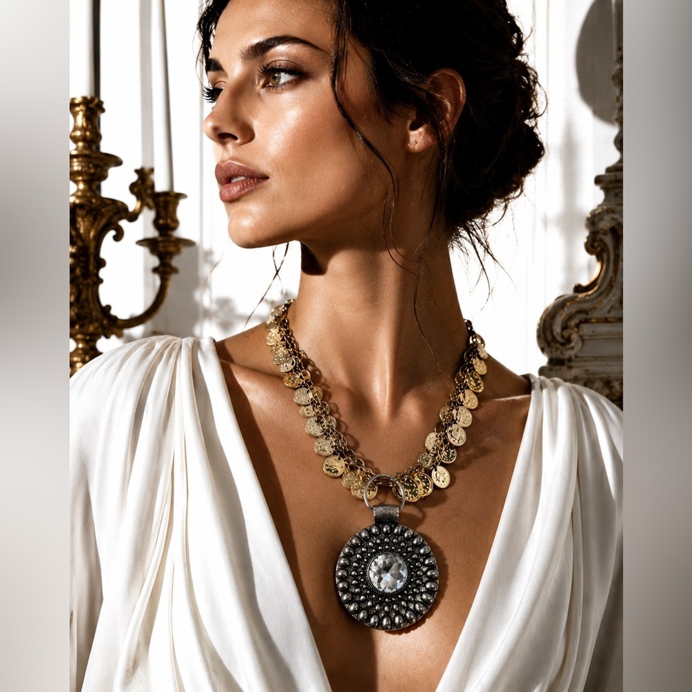 Rubyrudi Artist Statement Gold Coin Chain Necklace Bold Silver Medallion Pendant